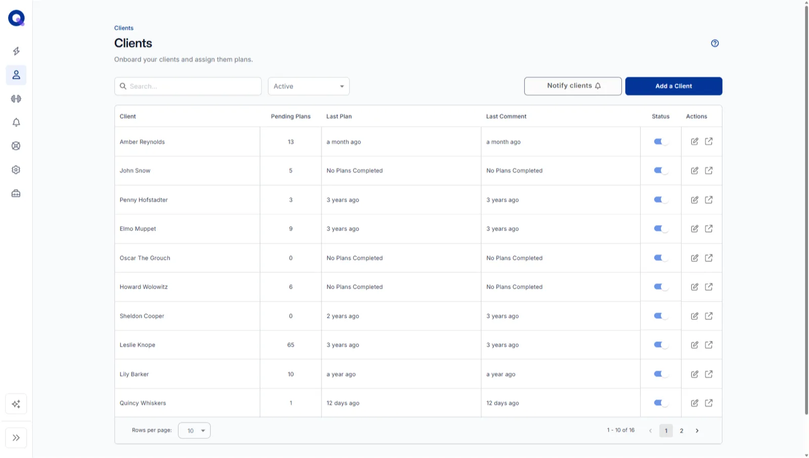 The client roster page listing clients with their pending plans, last plan, and last comment columns