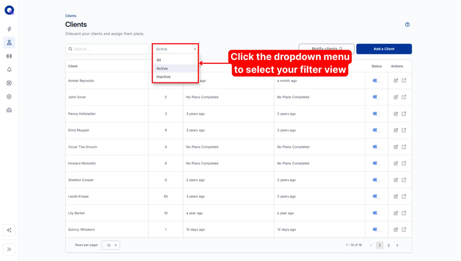 The status filter dropdown open with Active, Inactive, and All options