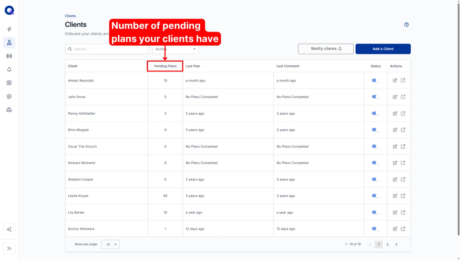 The Pending Plans column showing how many upcoming plans each client has