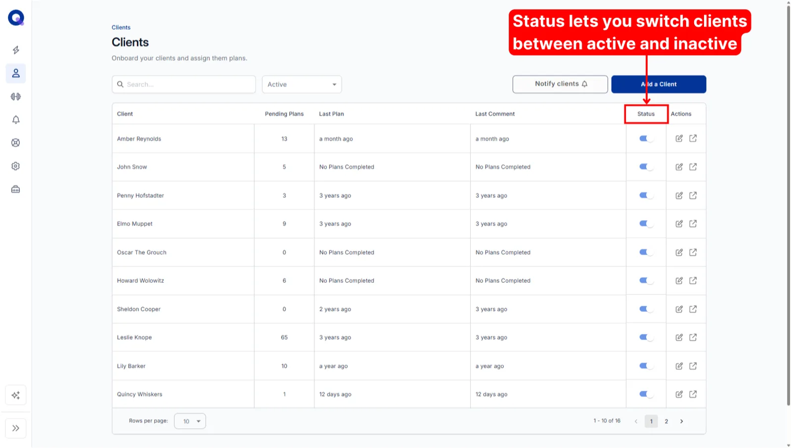The Status column with toggles for switching clients between active and inactive