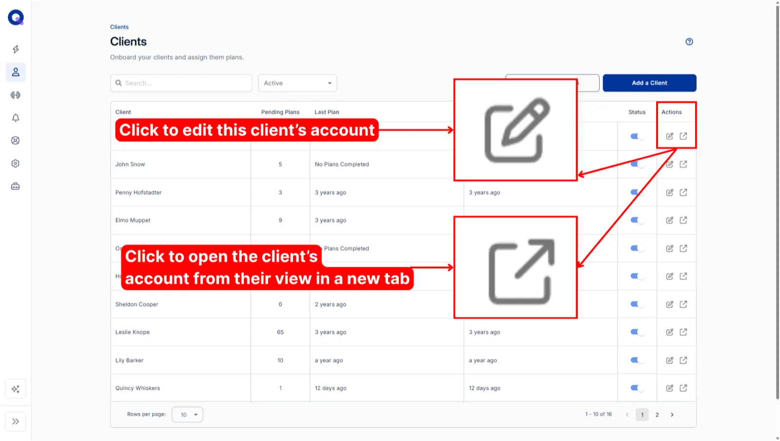 The Actions column with the edit icon and the open-client-view arrow icon