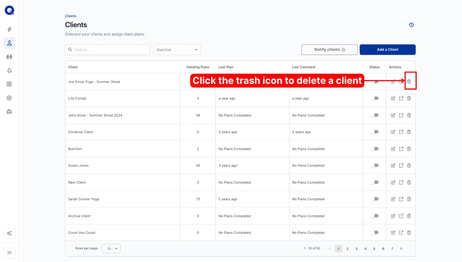The Inactive view showing the extra trash icon for permanently deleting a client