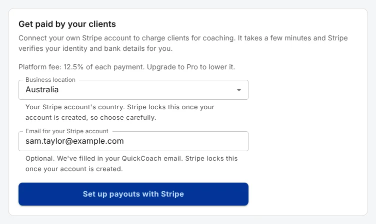 The 'Get paid by your clients' card, with the platform fee, the Business location set to Australia, the email for the Stripe account and the 'Set up payouts with Stripe' button