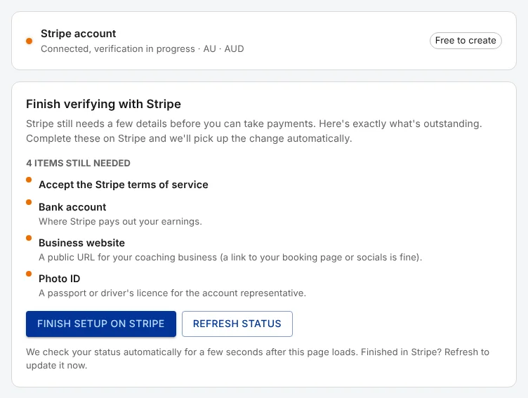 The Stripe account row reading 'Connected, verification in progress', above a checklist of four items still needed: accept the Stripe terms of service, bank account, business website and photo ID