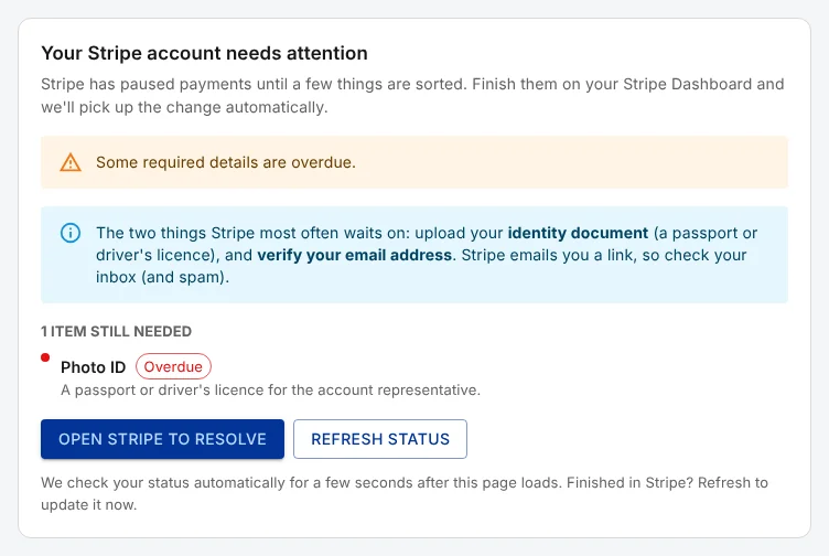The 'Your Stripe account needs attention' card, with a warning that some required details are overdue, a photo ID marked Overdue, and the 'Open Stripe to resolve' button