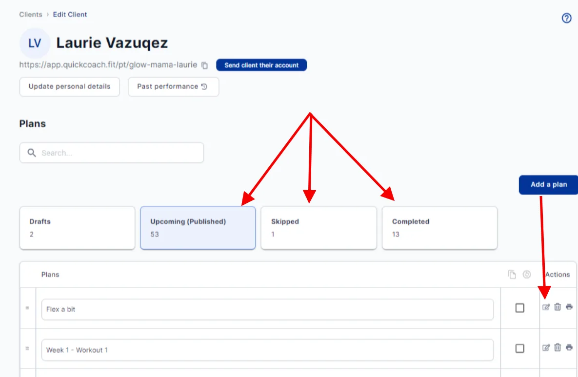 A client's dashboard with the edit icon highlighted on a plan