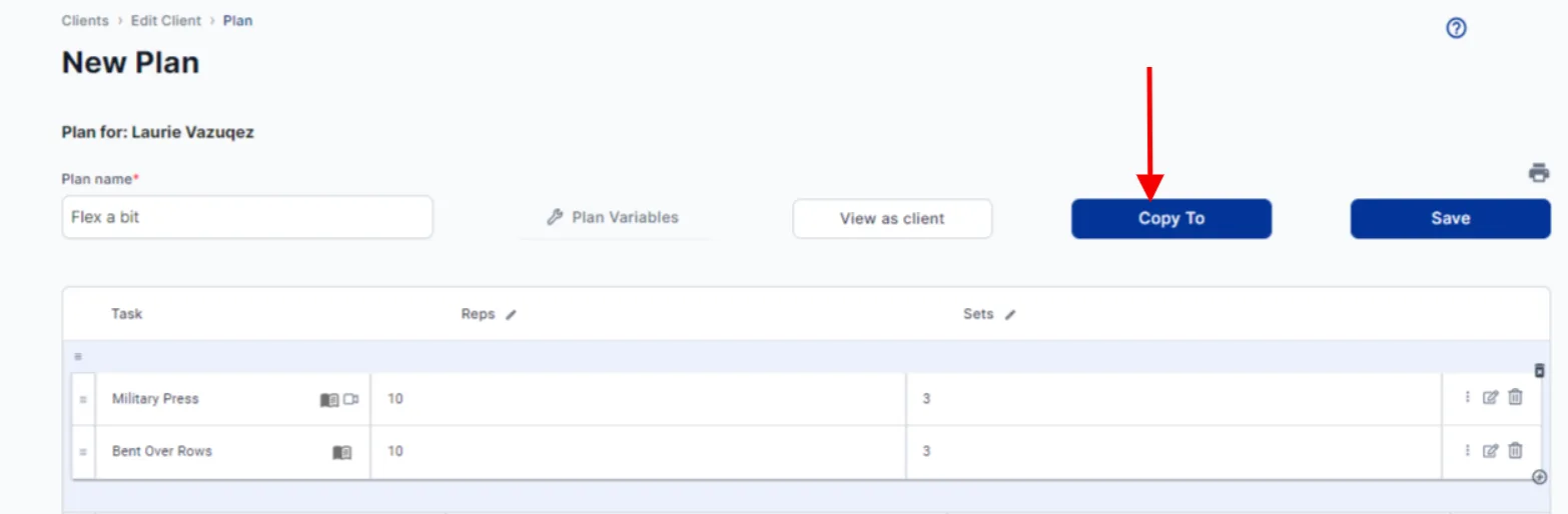 The plan builder toolbar with the Copy To button