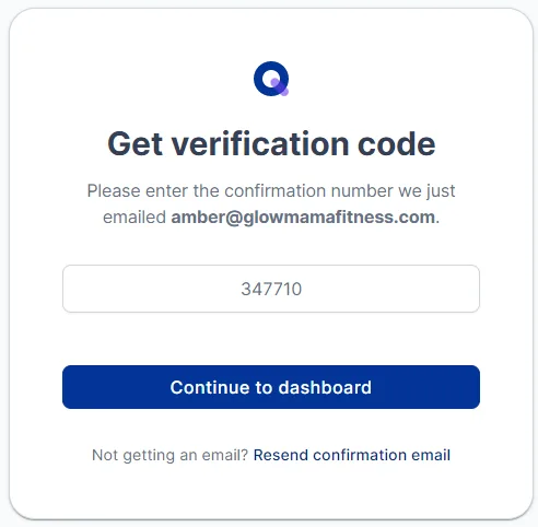 The verification code screen with a confirmation number entered and a Continue to dashboard button