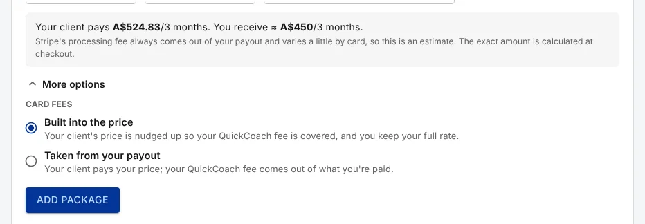 'More options' opened, showing the Card fees choice between 'Built into the price' and 'Taken from your payout'