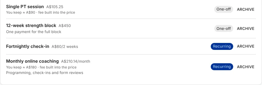 The list of packages, each with its price, a One-off or Recurring label and an Archive button