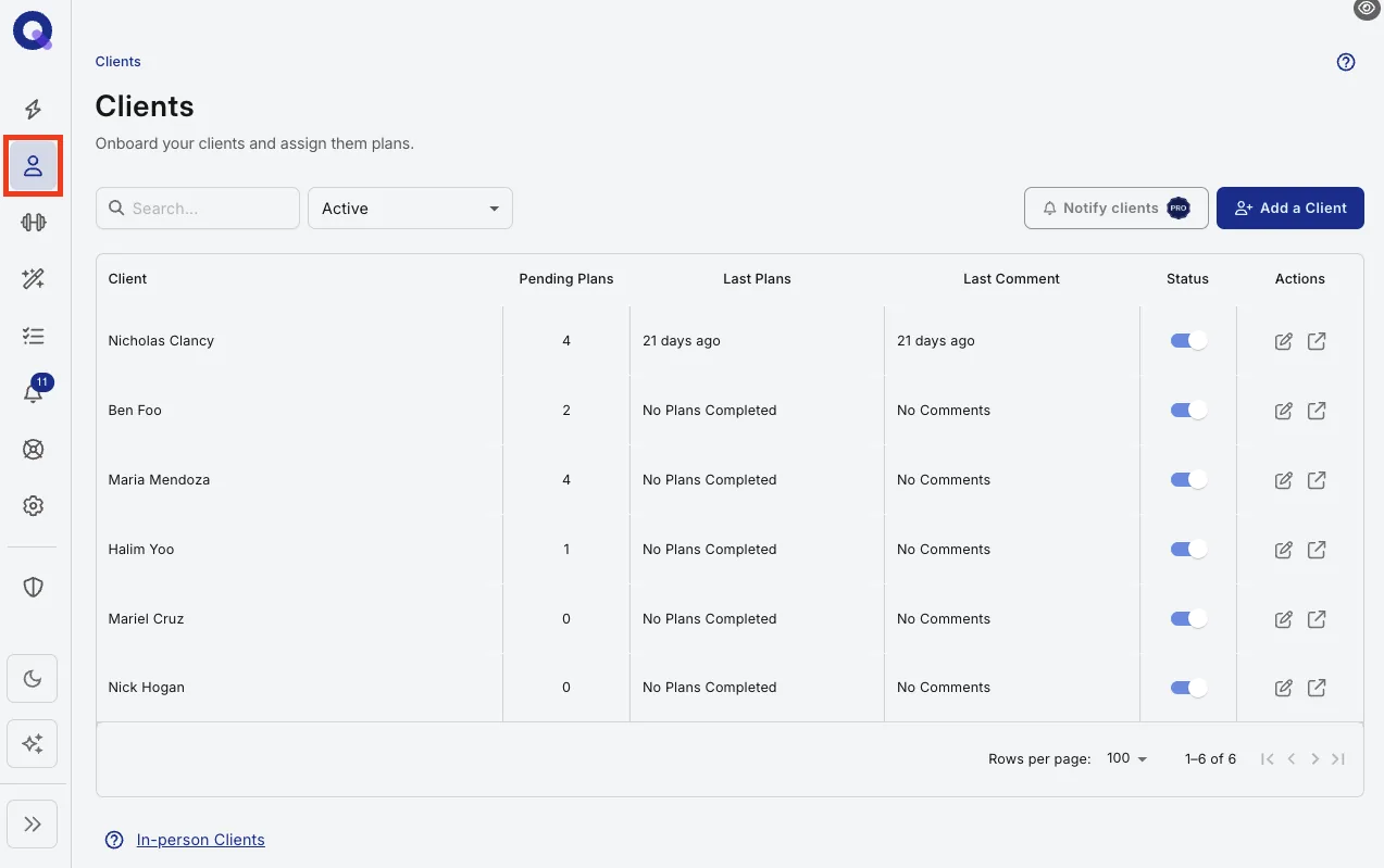 The Clients page with a client being selected from the roster