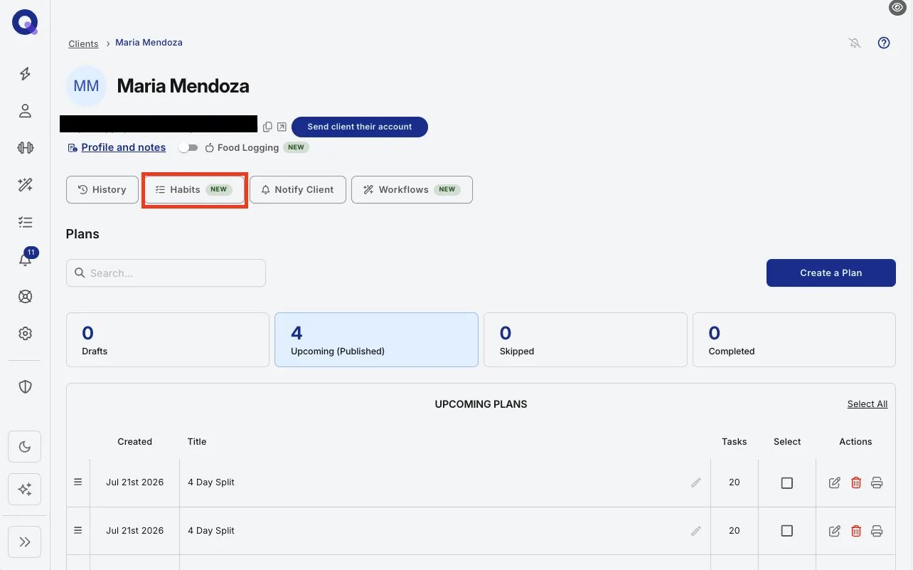The Habits tab open on a client's profile