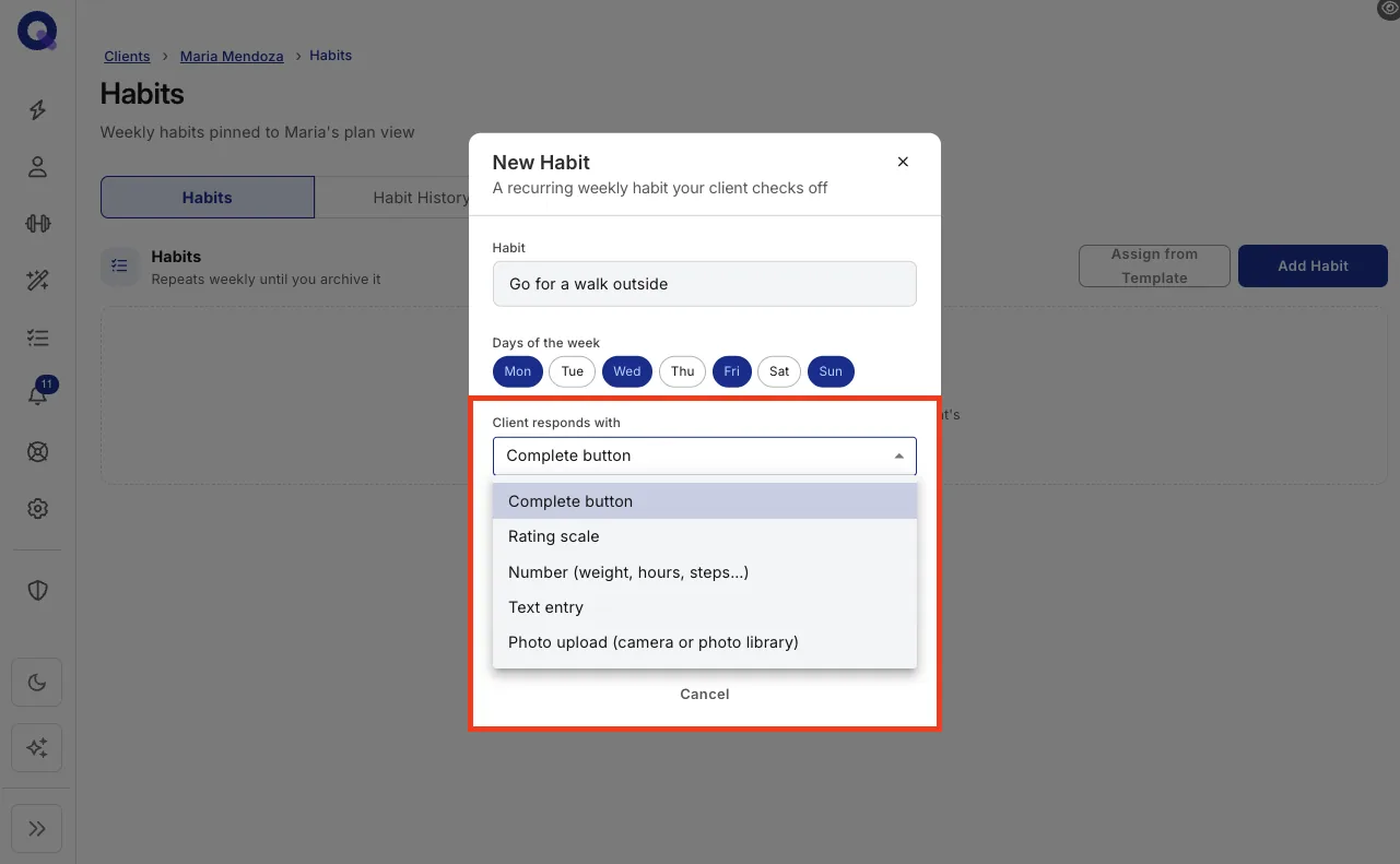 The new habit form with name, frequency and response type fields