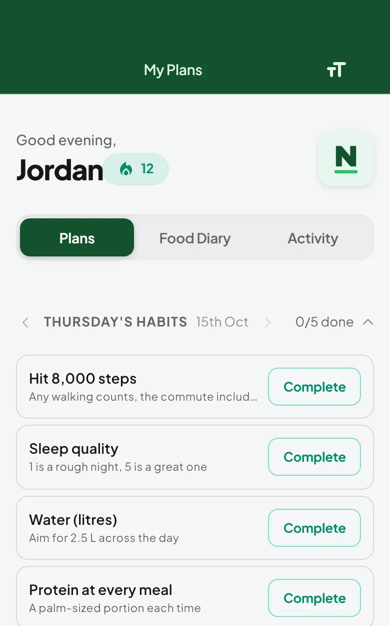 A client's home screen in the app with the day's habits listed, such as Hit 8,000 steps, Sleep quality and Water (litres), each with a Complete button and a 0/5 done count