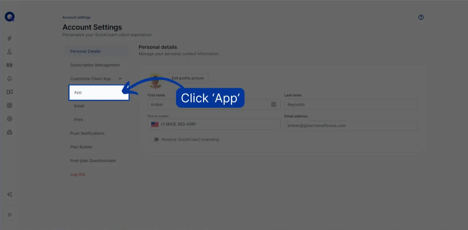 Account settings with the Customize Client App menu open and 'App' highlighted