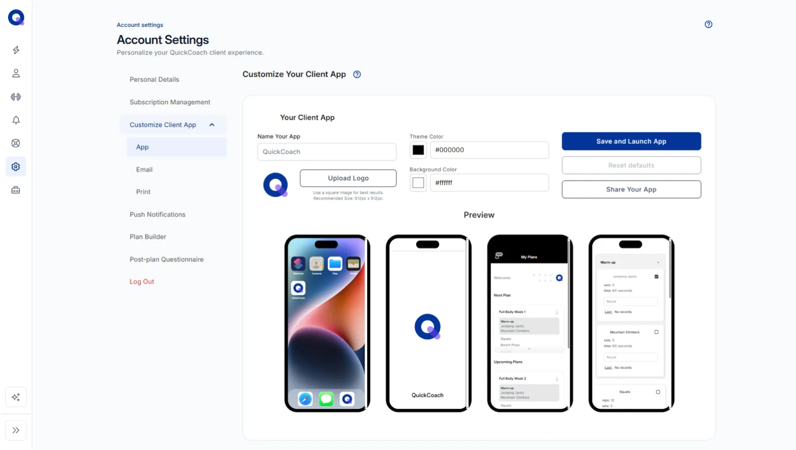 The client app editor with fields to name the app, upload a logo and set theme and background colours, next to phone previews