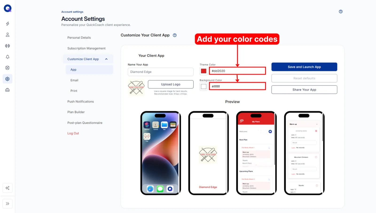 The theme and background colour fields filled with hex codes, updating the app preview to a red brand look