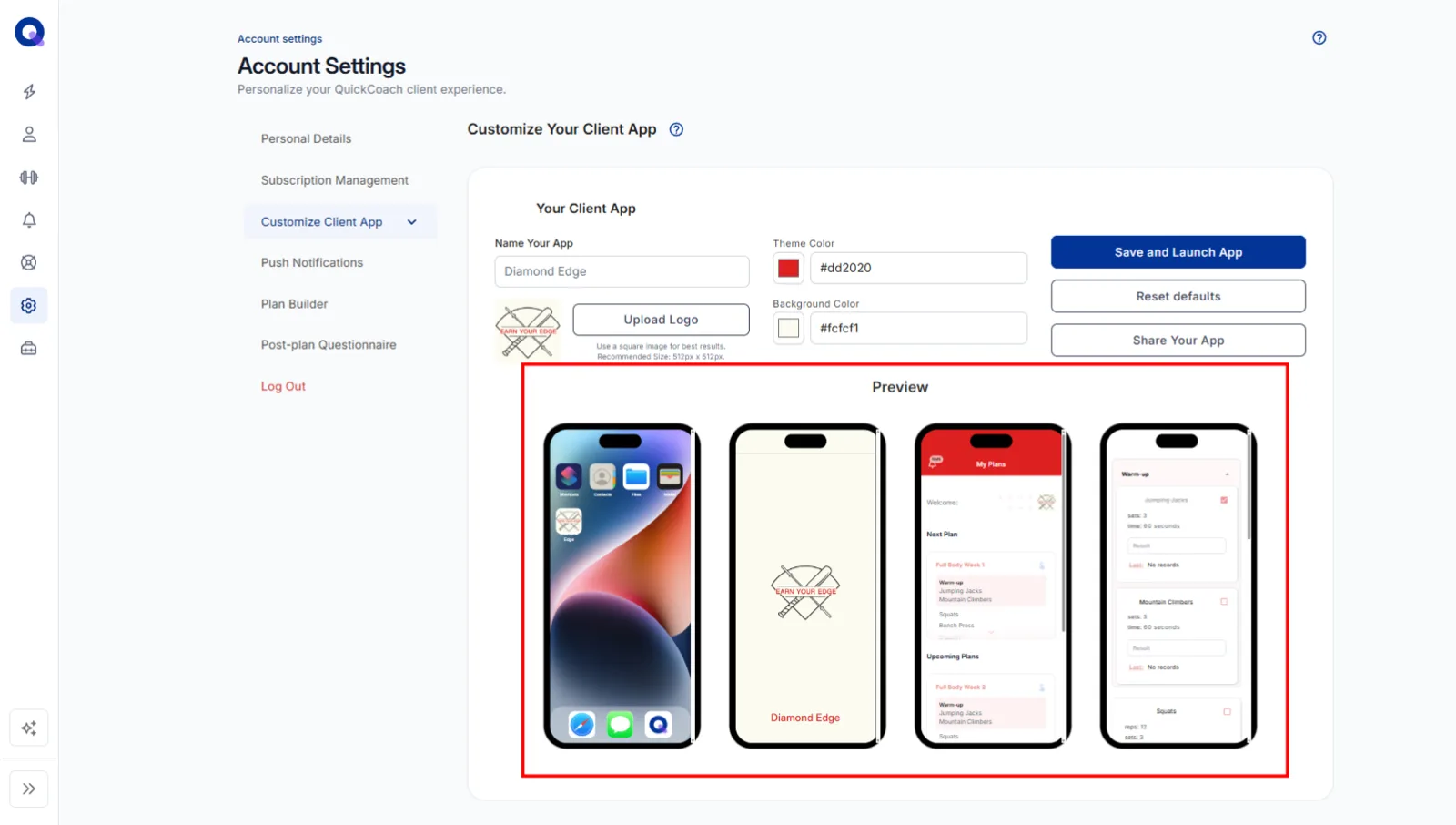 The client app editor showing the finished branded previews before saving
