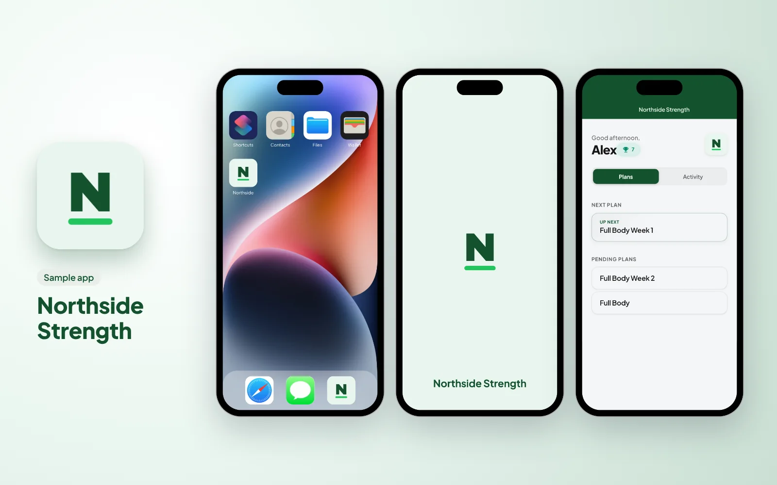 Sample branded app for a strength gym: the Northside Strength icon, then the app on a phone home screen, its splash screen and the client's plans in its colours