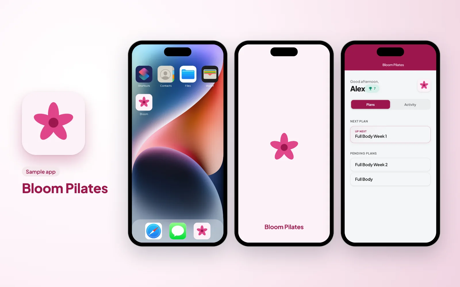 Sample branded app for a Pilates studio: the Bloom Pilates icon, then the app on a phone home screen, its splash screen and the client's plans in its colours