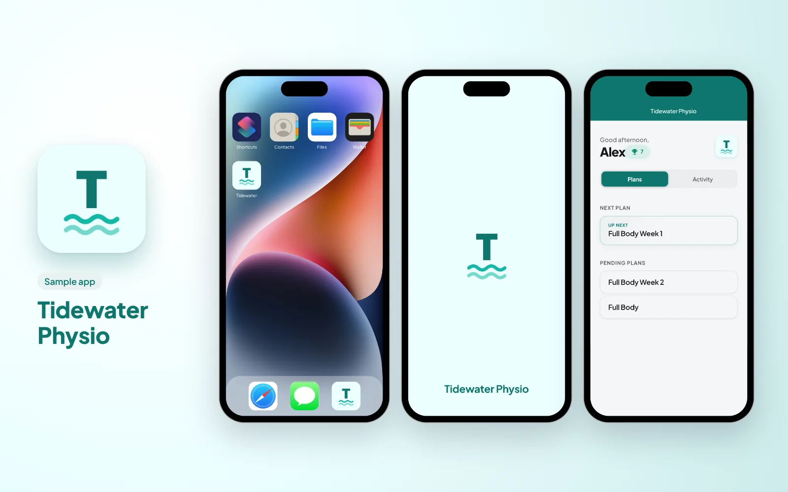 Sample branded app for a physio clinic: the Tidewater Physio icon, then the app on a phone home screen, its splash screen and the client's plans in its colours