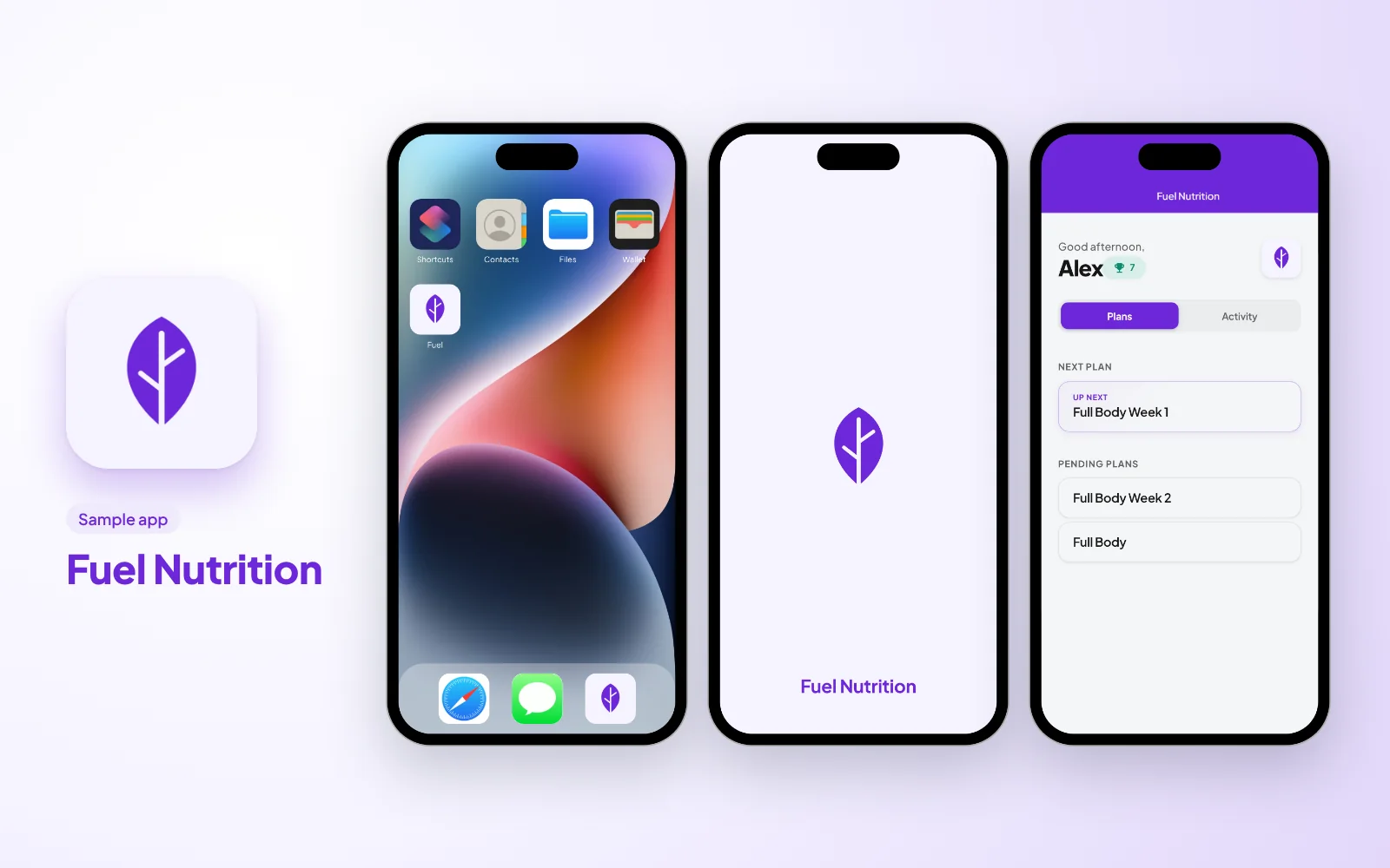 Sample branded app for a nutrition coach: the Fuel Nutrition icon, then the app on a phone home screen, its splash screen and the client's plans in its colours