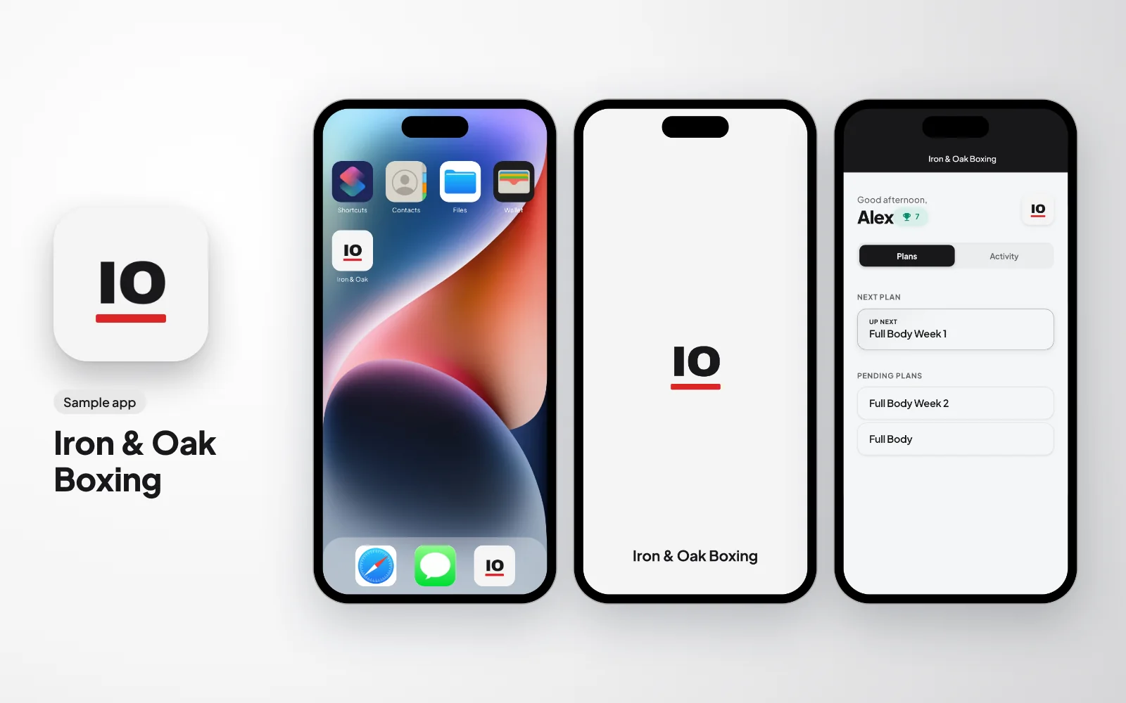 Sample branded app for a boxing gym: the Iron & Oak Boxing icon, then the app on a phone home screen, its splash screen and the client's plans in its colours