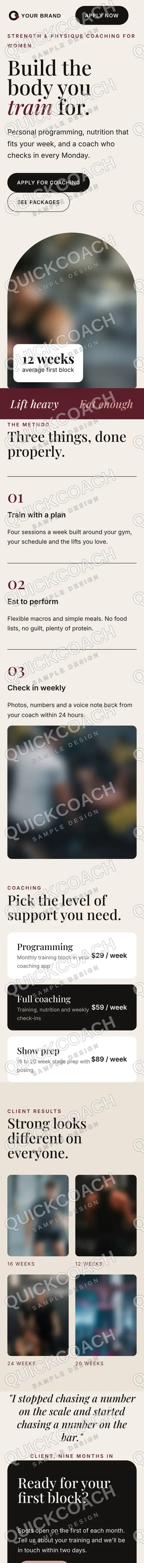 The same women's strength and physique design on a phone.
