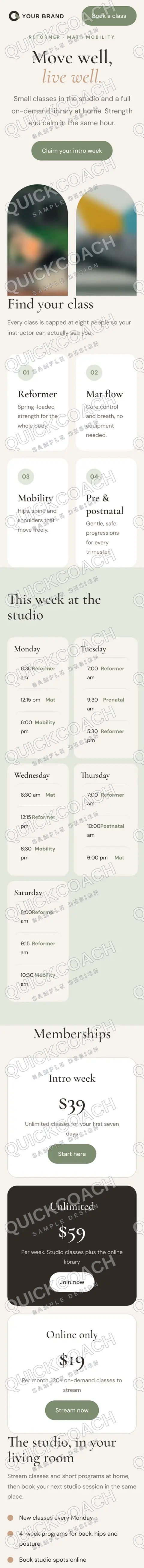 The same pilates and mobility studio design on a phone.