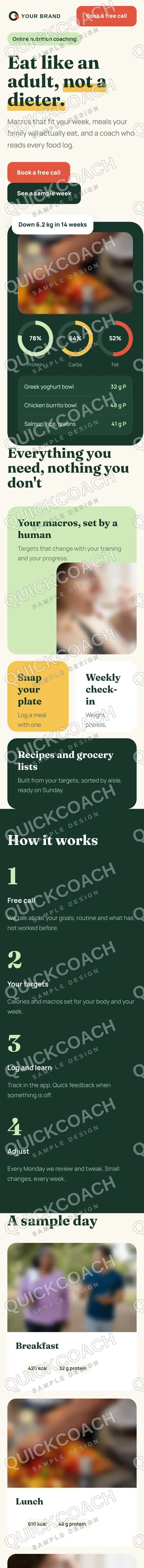The same online nutrition coaching design on a phone.