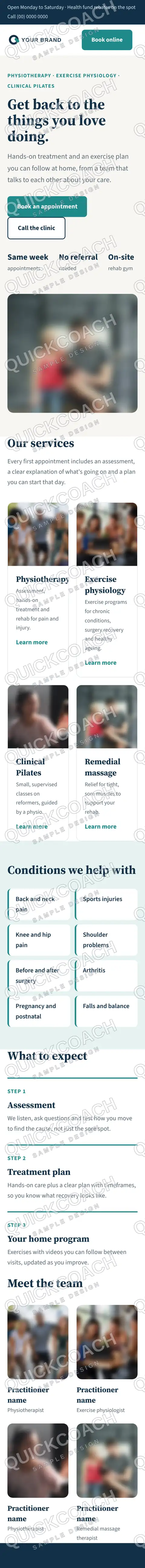 The same allied health clinic design on a phone.