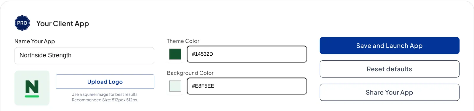 The client app branding settings with the app name Northside Strength, its logo, Theme Color #14532D and Background Color #E8F5EE