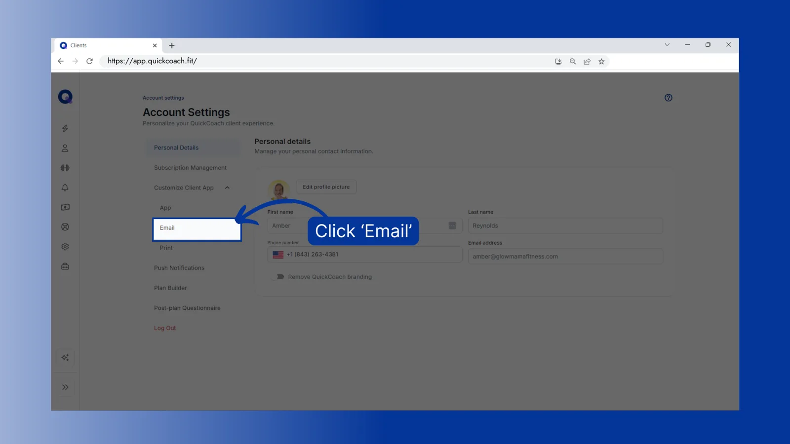 Account settings with the Customize Client App menu open and 'Email' highlighted