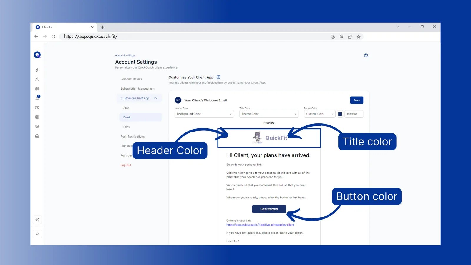 The welcome email editor with header, title and button colour dropdowns above a live email preview