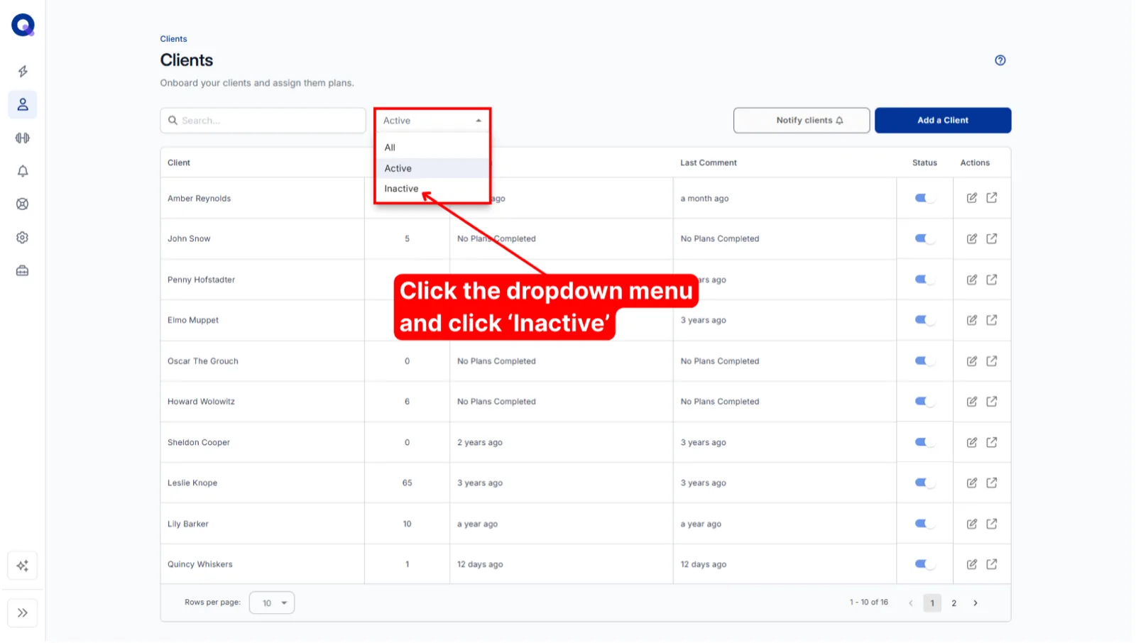 The Active status dropdown open on the Clients page with Inactive as an option