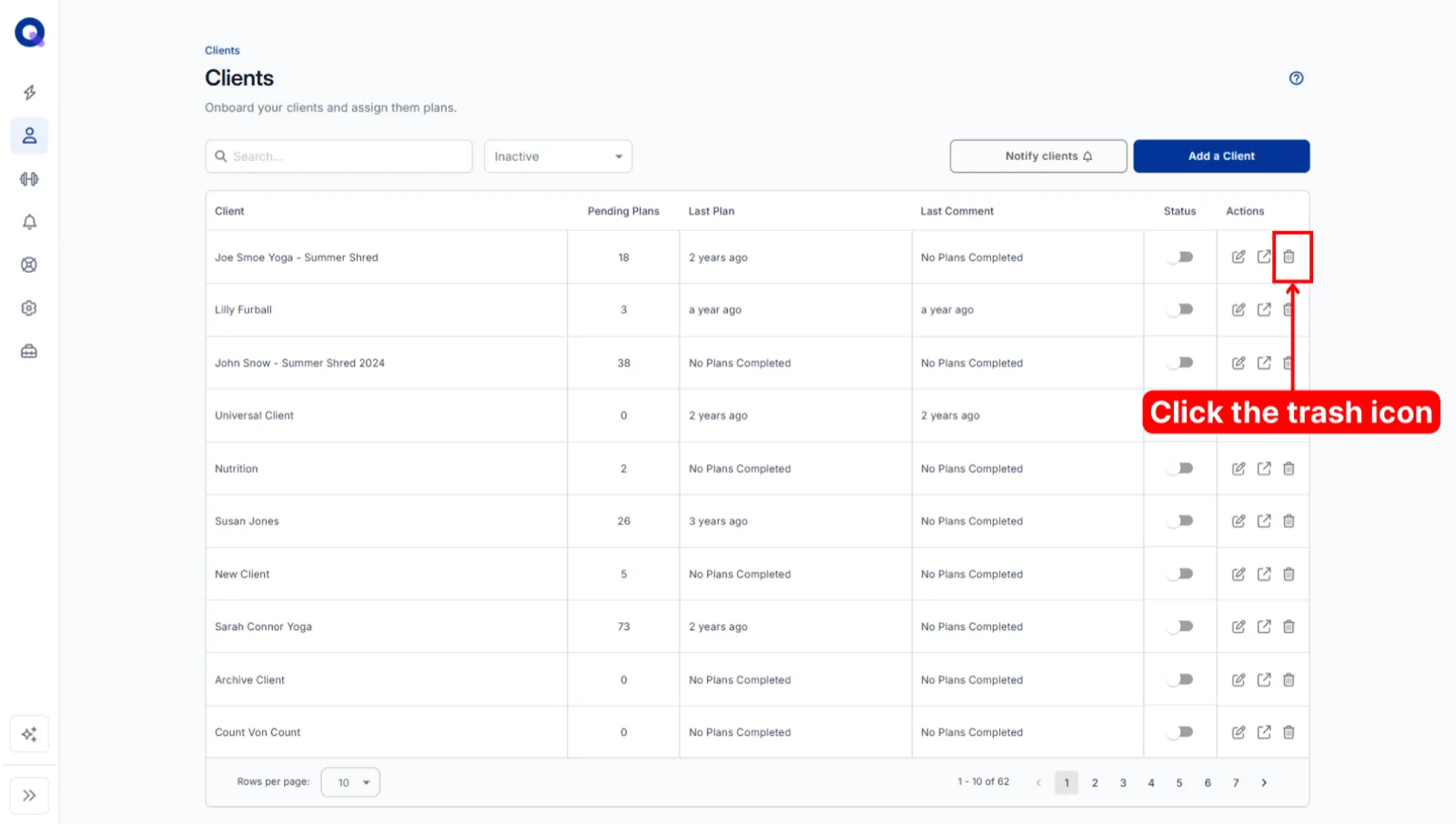The inactive client list with the trash icon highlighted in the Actions column
