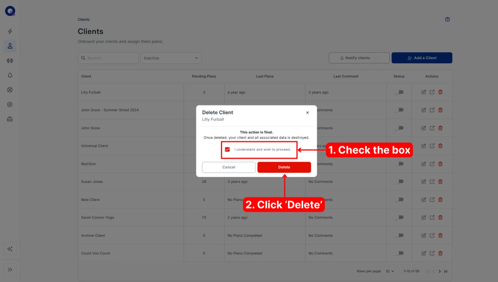 The Delete Client dialog with the confirmation checkbox ticked and the Delete button