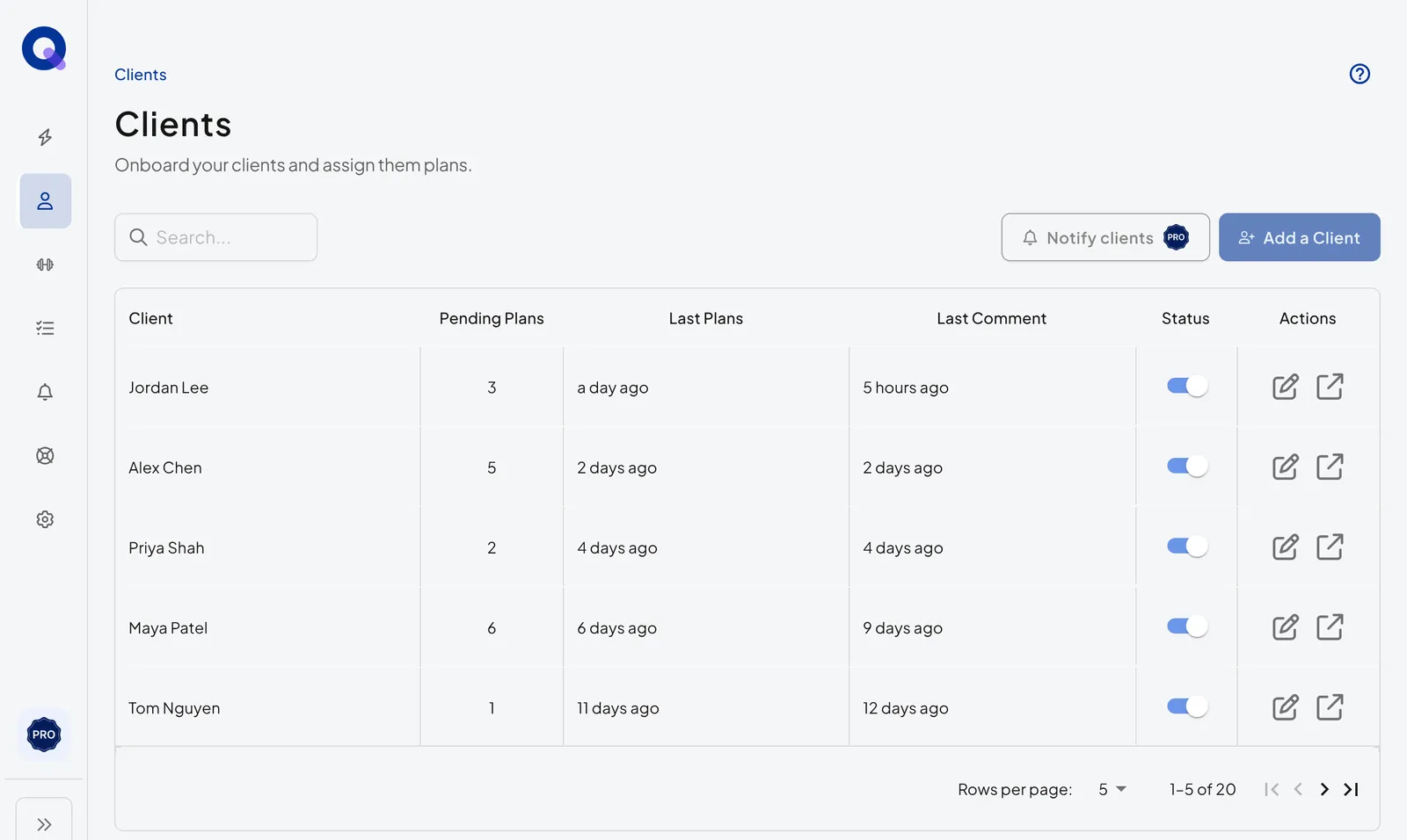 The Clients page on the Free plan at 20 active clients, showing 1 to 5 of 20: a search bar and Notify clients with no status filter, and the Add a Client button greyed out
