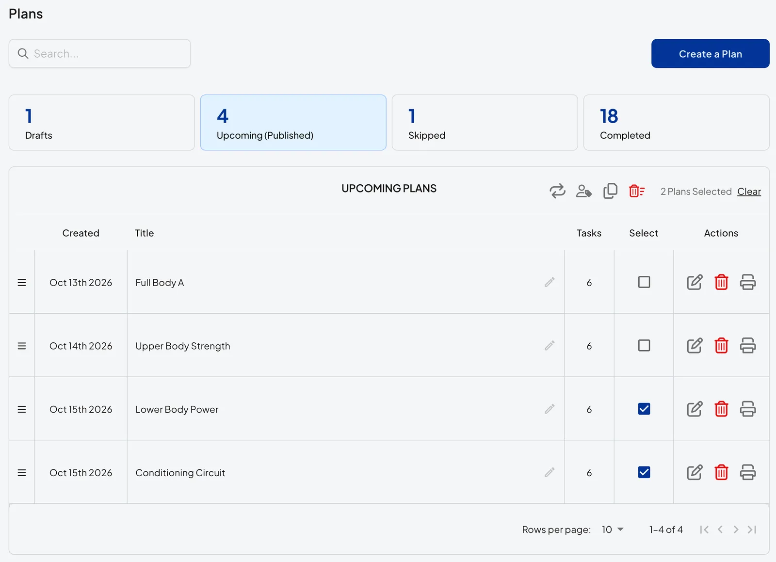 A client's Upcoming (Published) plans with Lower Body Power and Conditioning Circuit ticked, and the Change Status icon, two circling arrows, first in the toolbar beside 2 Plans Selected