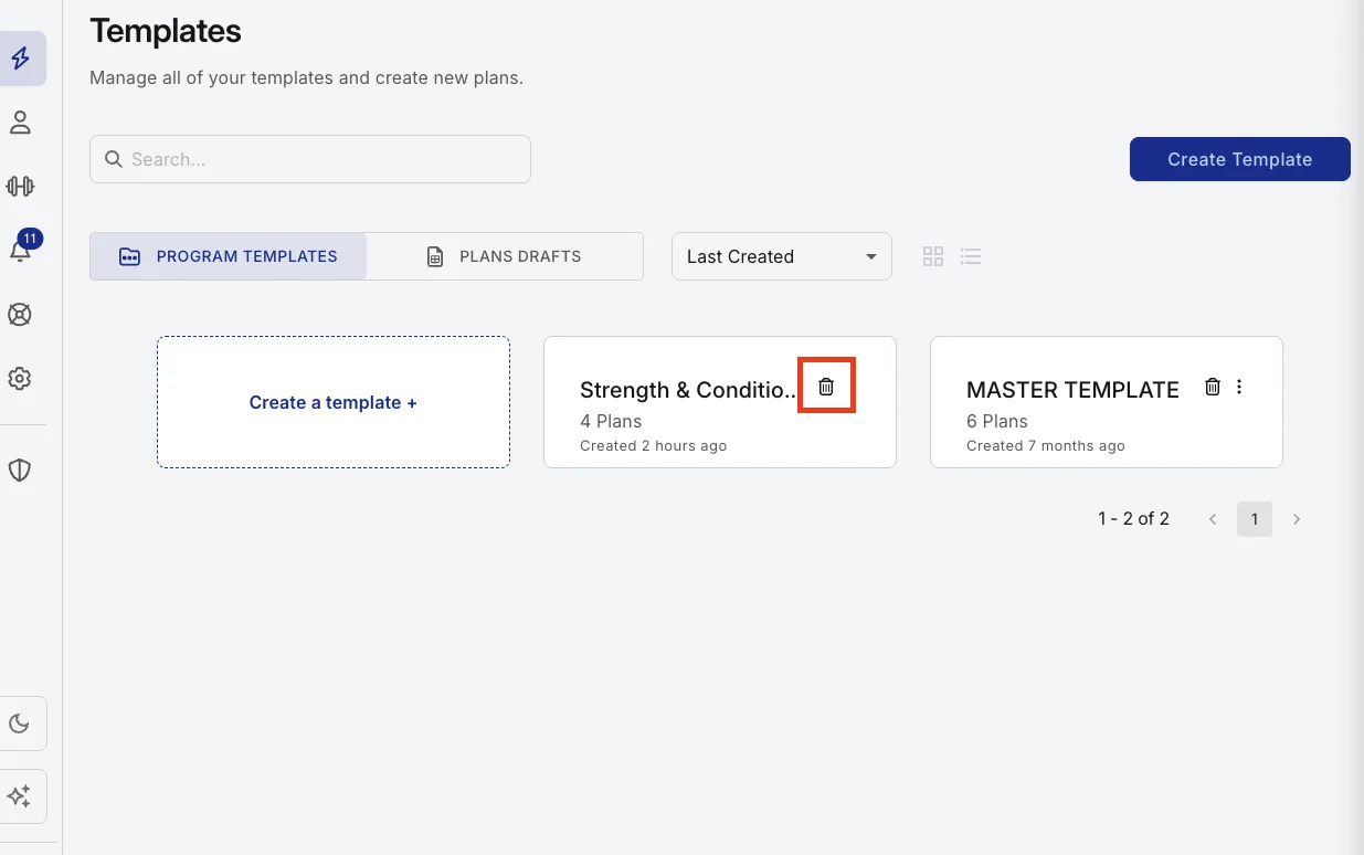 A plan row with the trashcan icon highlighted