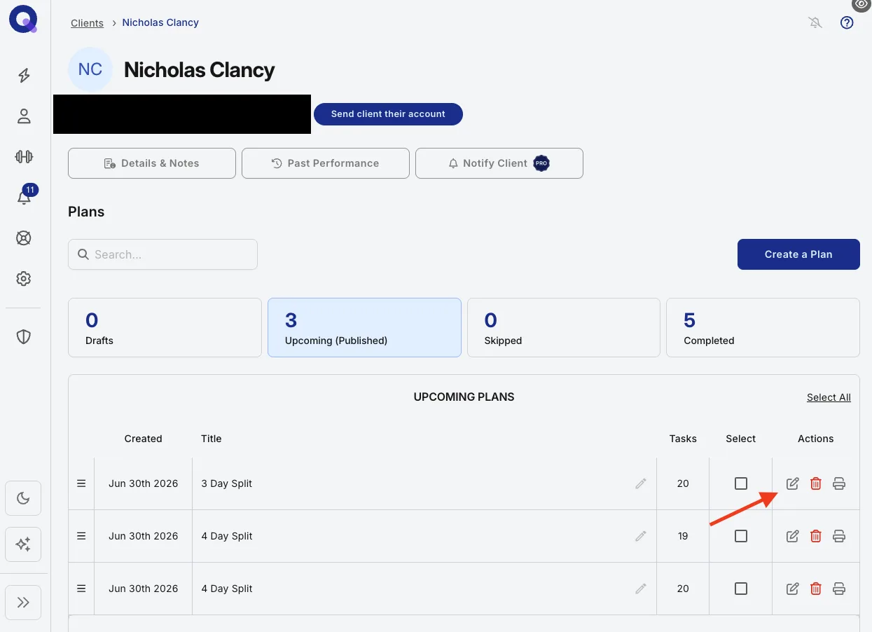 The Clients page with a client selected from the roster