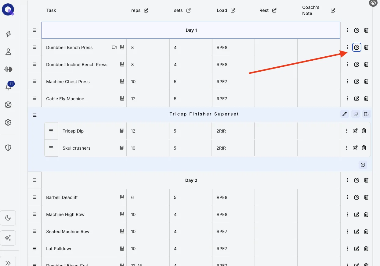 The plan builder with the edit icon highlighted next to a task