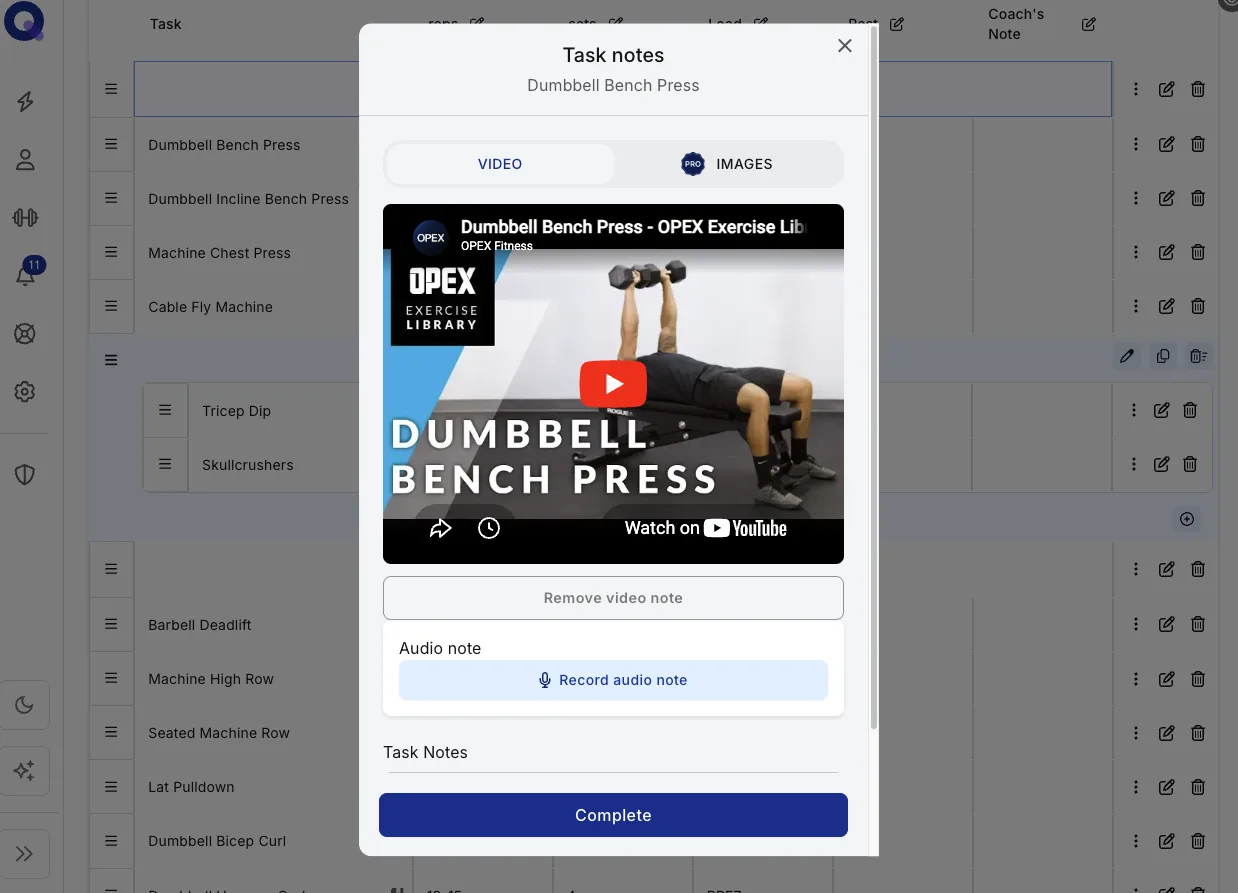 The task notes editor showing the linked video, the record audio note button, and the task notes field