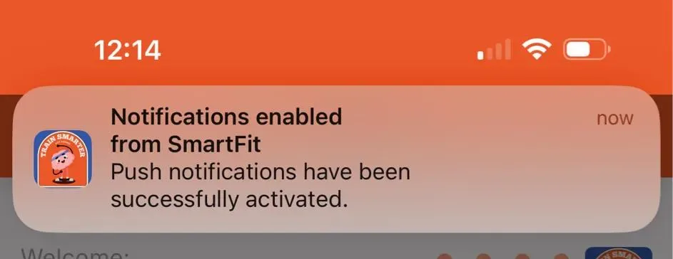 A push notification banner on an iPhone confirming that notifications have been enabled from the coach's app.