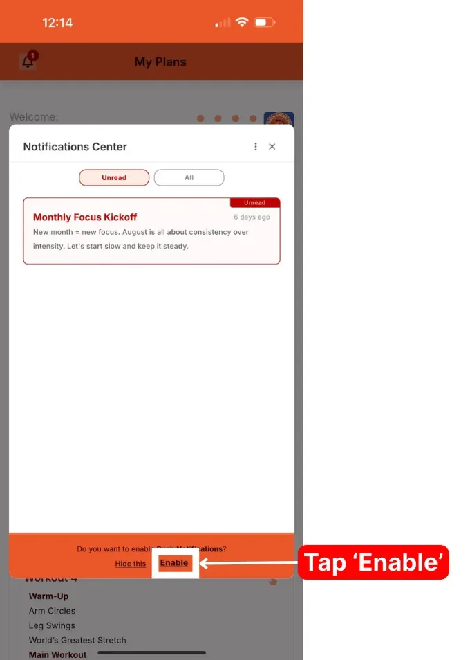 The Notification Center with a prompt at the bottom asking to enable push notifications and the Enable link highlighted.
