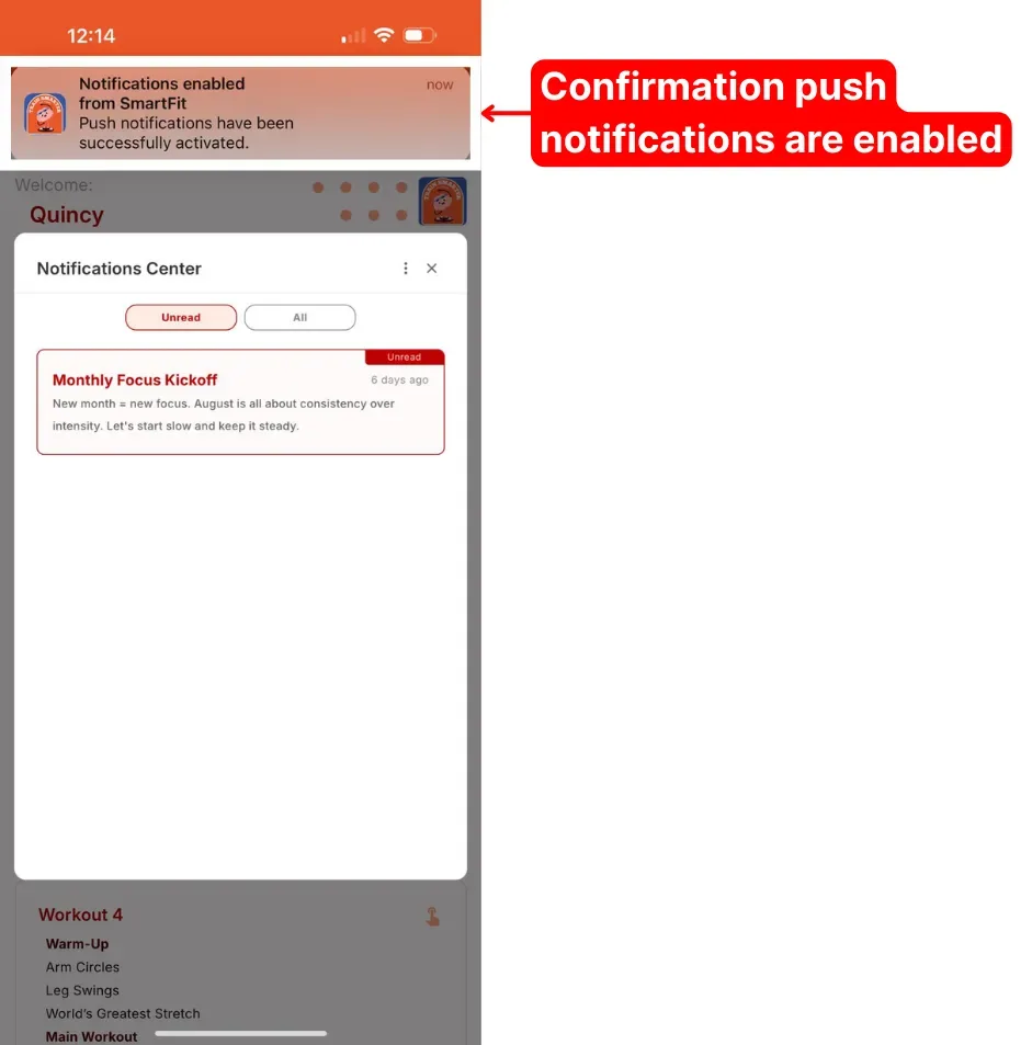 A confirmation banner at the top of the screen showing push notifications have been successfully activated.