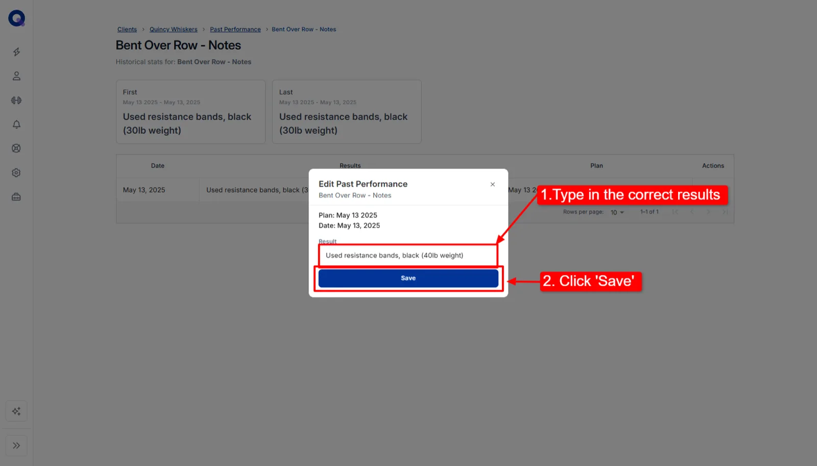 The Edit History dialog with a corrected result typed in and the Save button