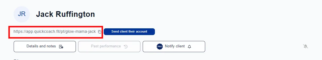 The client account page with the shareable account link and copy button highlighted