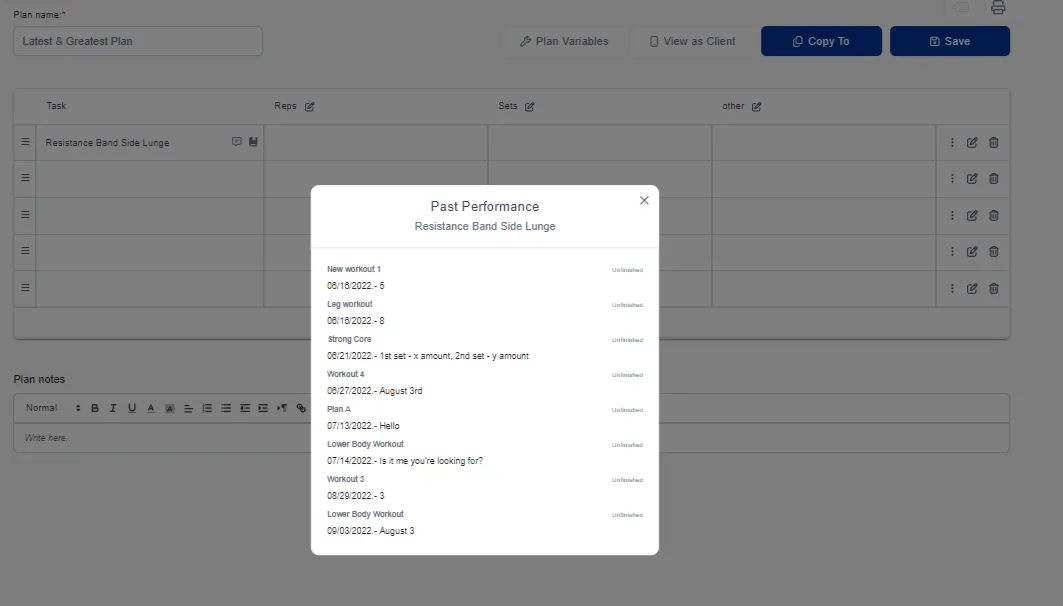 The history pop-up in the plan builder listing a client's previous results for a task
