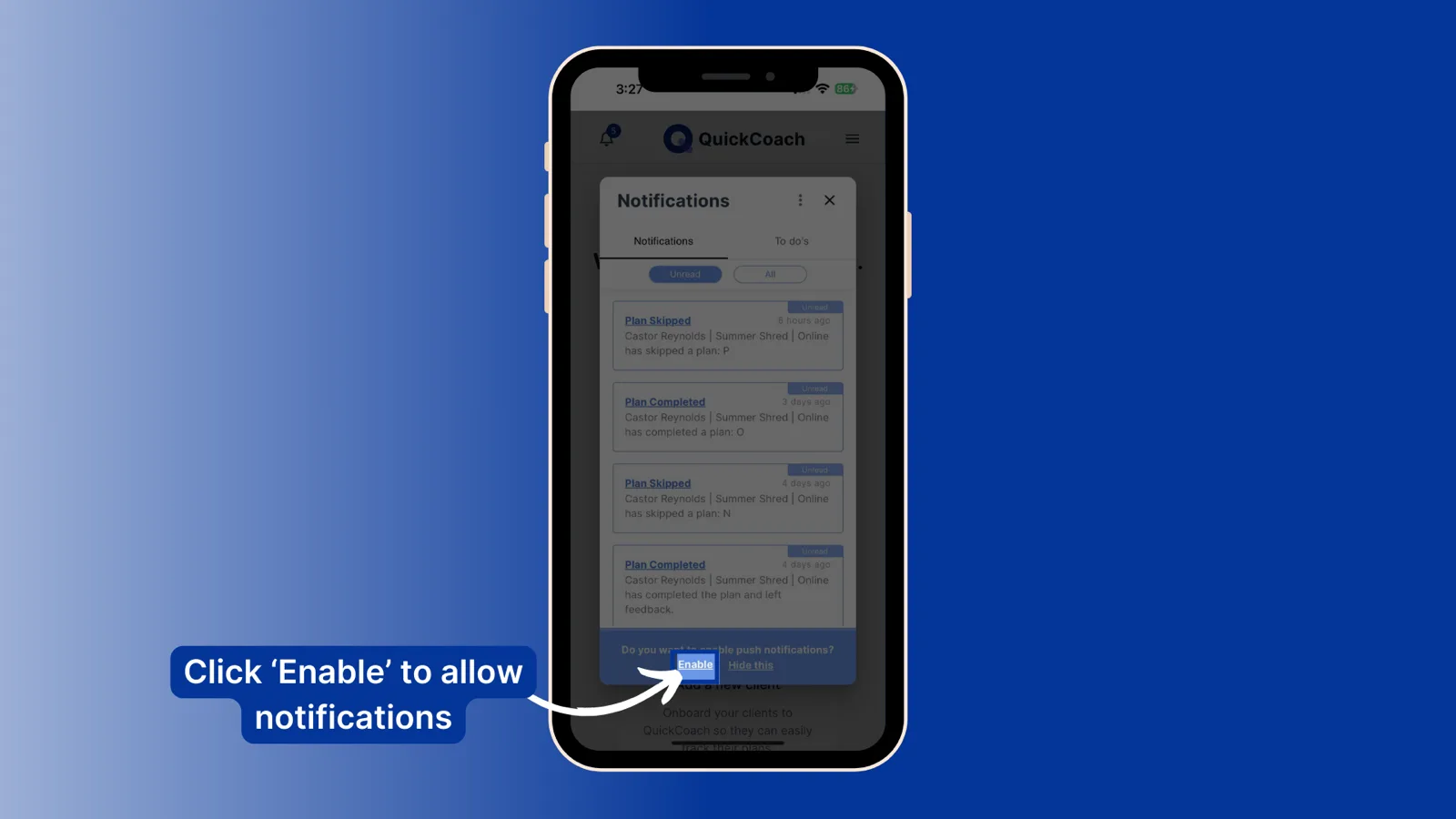 The mobile Notification Center with an Enable push notifications banner at the bottom